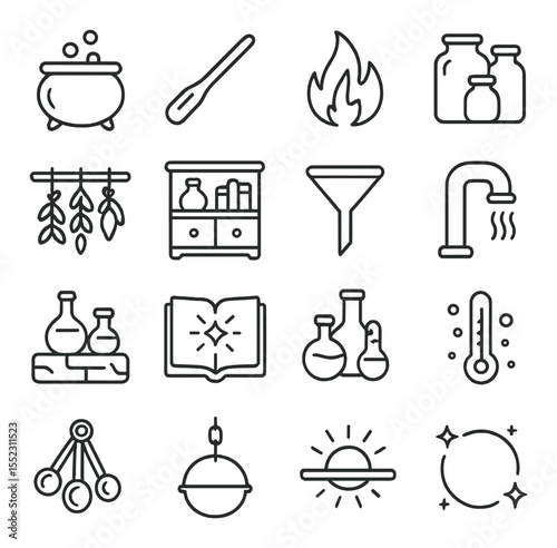 Brewing station essentials icons in minimalistic line art : bubbling cauldron, wooden stirring stick, flame beneath pot, glass jar set, hanging herbs rack, alchemy cabinet, liquid funnel, steam