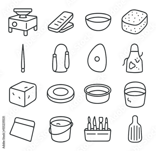 Pottery wheel tools and equipment icons in minimalistic line art : electric pottery wheel, foot pedal control, water bowl, sponge for smoothing, needle tool, wire clay cutter, rib tool, trimming