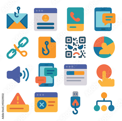 Social engineering tools icons in modern flat vector in minimalistic vibrant color design: phishing email template, fake login form, spoofed caller ID box, SMS spoof panel, link shortening tool