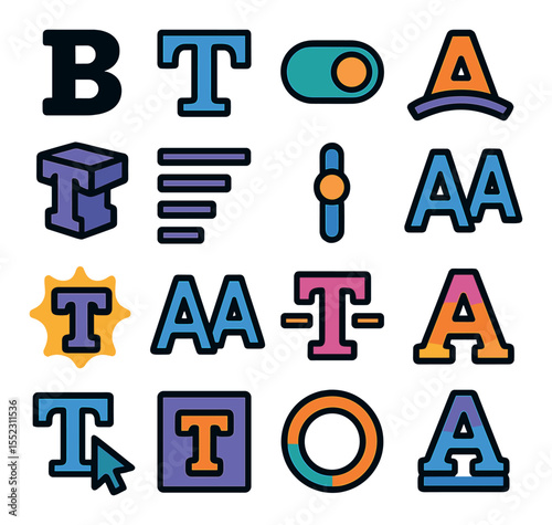 Text and typography tools icons in modern flat vector in minimalistic vibrant color design: bold title icon, outlined headline text, drop shadow toggle, curved text arc, 3D letter block, text
