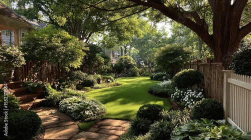 Landscaped backyard Garden with winding stone path  vibrant flowers  lush green lawn  mature trees  and a charming guest house in the afternoon sunlight
