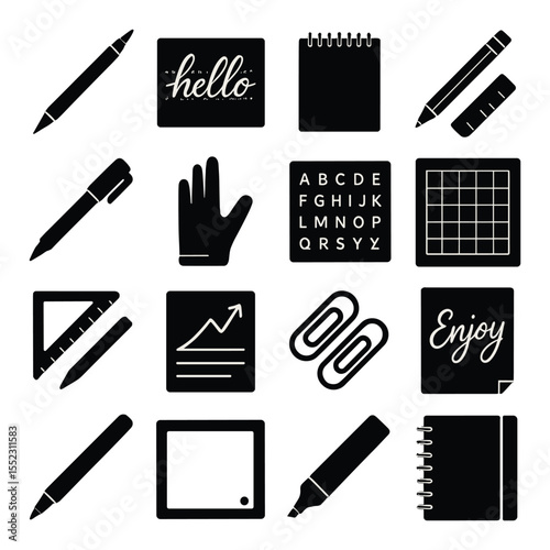 Modern calligraphy kit items icons in silhouette solid black-filled shapes with clean, simple : dual tip brush pen, faux calligraphy guide, lettering sketchpad, pencil with ruler, fineliner pen