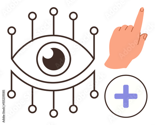 Eye surrounded by circuits, hand pointing gesture, purple plus symbol. Ideal for technology, vision, accessibility, innovation, connection interface design future. Minimalist flat metaphor