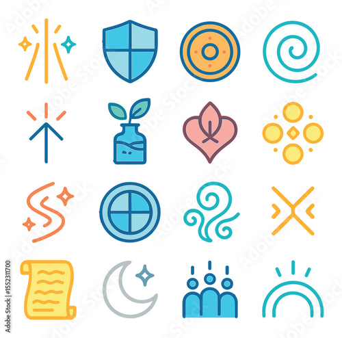Healing and protection pages icons in modern flat vector in minimalistic vibrant color design: light beam sigil, shield charm diagram, warding circle, aura cleanse spiral, restoration glyph,