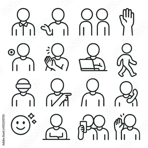 Avatar and interaction s icons in minimalistic line art : professional avatar pose, avatar presenting, casual chat stance, raised hand icon, interactive eye contact avatar, clapping avatar