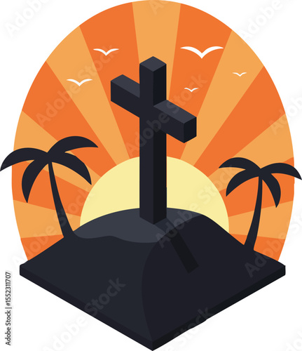 Cross on Grave with Palm Trees and Orange Sunset Background Vector Illustration for Memorial or Religious Theme 