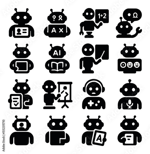 Educational robot assistant icons in silhouette solid black-filled shapes with clean, simple : teaching bot with screen, interactive quiz robot, robotic chalkboard arm, language learning bot,