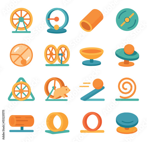 Rolling and spinning fun icons in modern flat vector in minimalistic vibrant color design: exercise wheel, ball track loop, rolling tube, rotating disc spinner, transparent run ball, double