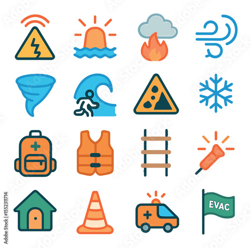 Evacuation during natural disasters icons in modern flat vector in minimalistic vibrant color design: earthquake alert icon, flood warning siren, wildfire smoke symbol, hurricane winds icon,