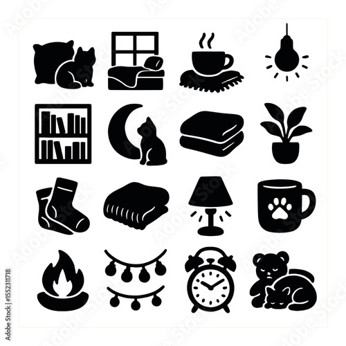 Room settings and props icons in silhouette solid black-filled shapes with clean, simple : fluffy pillow beside cat, cozy window seat with blanket, steaming cup near blanket, soft light bulb