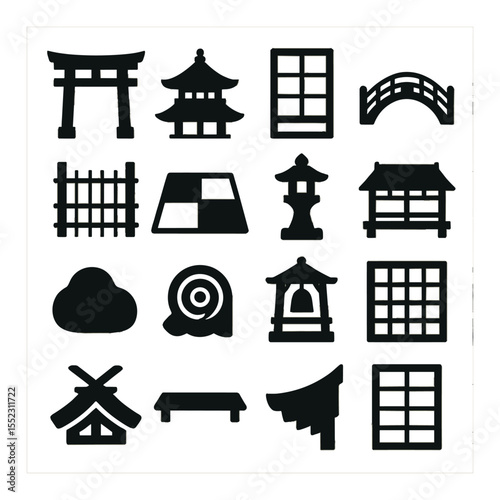 Traditional Japanese architecture icons in silhouette solid black-filled shapes with clean, simple : wooden torii gate, tiled pagoda roof, paper sliding door, curved bridge, bamboo fence,
