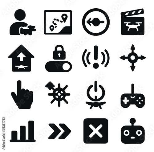 Flight modes and controls icons in silhouette solid black-filled shapes with clean, simple : follow-me mode icon, waypoint mapping screen, orbit mode dial, cinematic slow mode, return to home