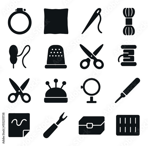 Embroidery tools and materials icons in silhouette solid black-filled shapes with clean, simple : embroidery hoop, fabric square, embroidery needle, floss skein, needle threader, thimble,