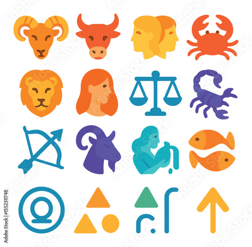 Zodiac signs in the astrology wheel icons in modern flat vector in minimalistic vibrant color design: Aries ram, Taurus bull, Gemini twins, Cancer crab, Leo lion, Virgo maiden, Libra scales,