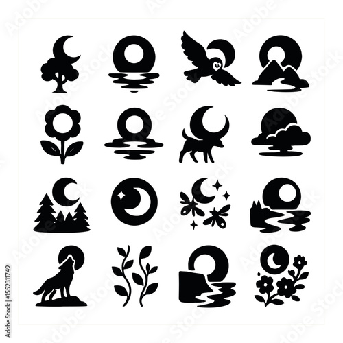 Moon and nature connections icons in silhouette solid black-filled shapes with clean, simple : crescent above tree, moon reflecting in water, owl flying past moon, moonlit mountain, full moon