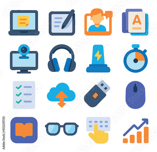 Digital study gear icons in modern flat vector in minimalistic vibrant color design: laptop with notes, tablet with stylus, online class icon, digital flashcard app, webcam on monitor,