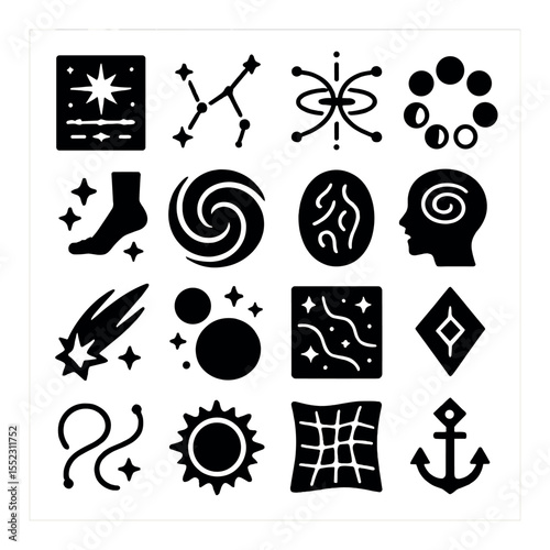 Astral and cosmic spell pages icons in silhouette solid black-filled shapes with clean, simple : star alignment chart, constellation path glyph, time fold diagram, moon phase ring, dream step