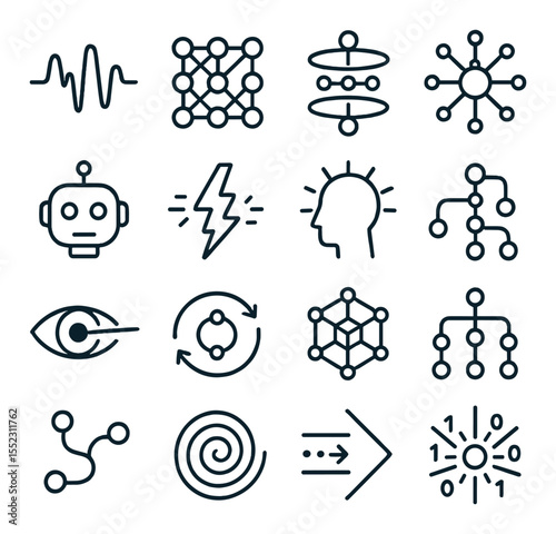 Synthetic AI core patterns icons in minimalistic line art : machine learning pulse, AI neuron grid, reactive learning layer, glowing logic web, bot thinking icon, coded synapse flash, AI thought
