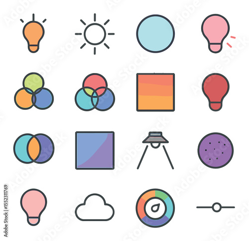 Color and temperature variations icons in minimalistic line art : tungsten orange glow, daylight white balance, cool cyan fill, magenta accent light, split complementary colors, RGB lighting
