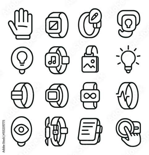 Wearables for creative roles icons in minimalistic line art : stylus-enabled smart glove, sketch input ring, color sampling badge, voice-to-idea wrist mic, creative prompt pin, music tempo tap