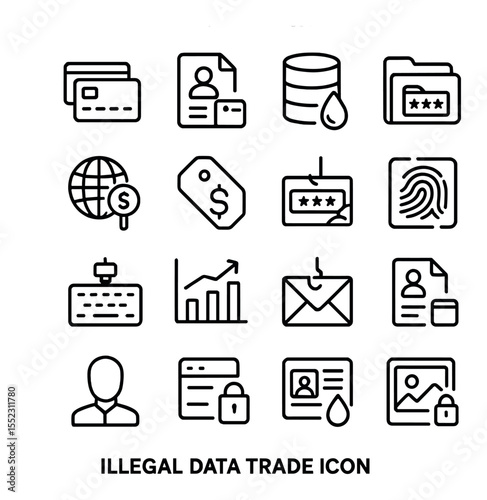 Illegal data trade icons in minimalistic line art : credit card bundle, identity file, leaked database, credentials folder, dark web bid, data price tag, breached login panel, fingerprint