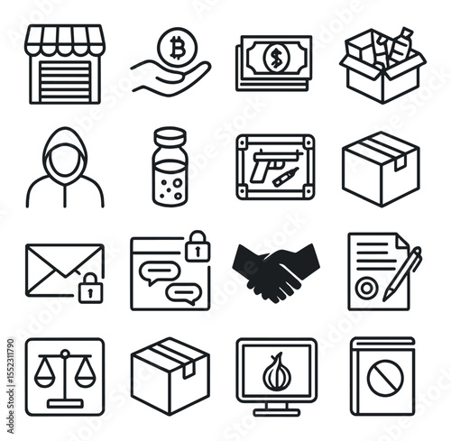 Darknet marketplaces icons in minimalistic line art : closed storefront, payment in crypto, counterfeit money stack, illicit goods box, anonymous seller avatar, drug vial, weapons crate, stealth