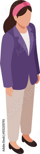 Woman in purple blazer and beige pants wearing pink headband standing isolated vector illustration 