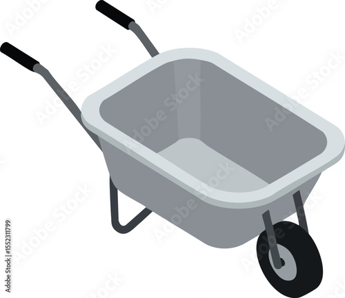Wheelbarrow gardening tool with single wheel and black handles for construction and landscaping work vector illustration 