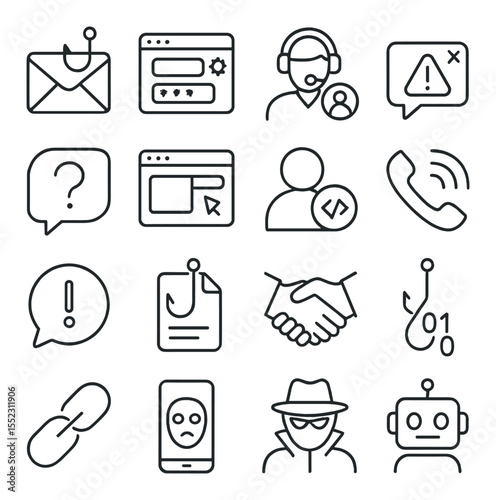 Phishing and social engineering icons in minimalistic line art : phishing email envelope, fraudulent website login, fake customer support icon, misleading pop-up alert, deceptive chat bubble,