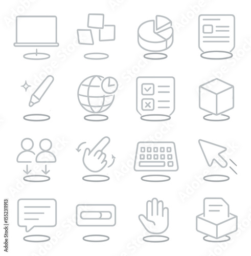 Interactive holographic tools icons in minimalistic line art : floating whiteboard, virtual sticky notes, 3D pie chart, holographic document viewer, smart annotation pen, meeting timer globe,