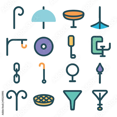 Feeding station accessories icons in modern flat vector in minimalistic vibrant color design: pole-mounted hook, weather guard dome, seed catcher tray, feeder pole base, adjustable hanger arm,