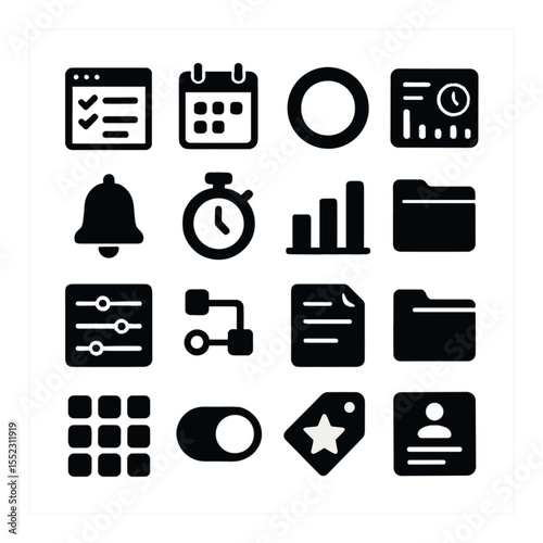 Digital productivity apps icons in silhouette solid black-filled shapes with clean, simple : to-do list window, calendar event card, habit tracker ring, time tracking dashboard, task reminder