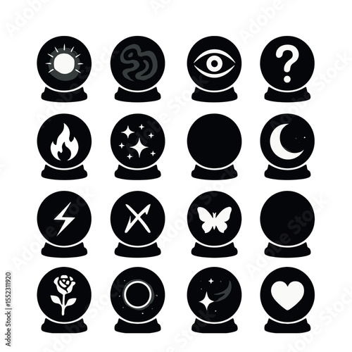 Crystal ball symbols icons in silhouette solid black-filled shapes with clean, simple : glowing crystal orb, swirling mist inside sphere, eye symbol in glass, floating question mark, flickering