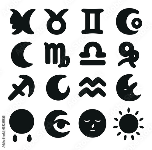 Astrological moon phases icons in silhouette solid black-filled shapes with clean, simple : moon in Aries, moon in Taurus, moon in Gemini, moon in Cancer, moon in Leo, moon in Virgo, moon in