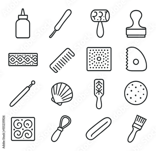 Surface design and texture tools icons in minimalistic line art : slip trailing bottle, carving stylus, texture roller, wooden stamp, lace imprint strip, comb for lines, texture mat, serrated