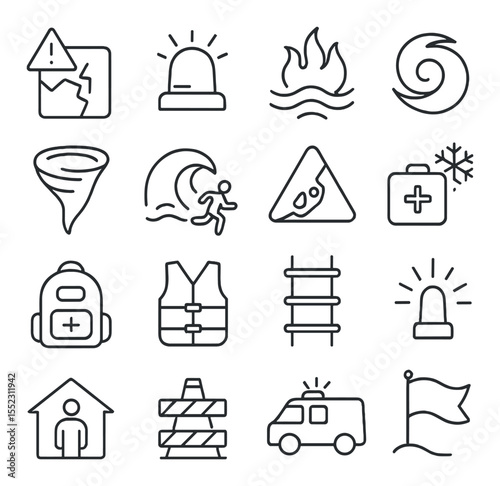 Evacuation during natural disasters icons in minimalistic line art : earthquake alert icon, flood warning siren, wildfire smoke symbol, hurricane winds icon, tornado funnel shape, tsunami