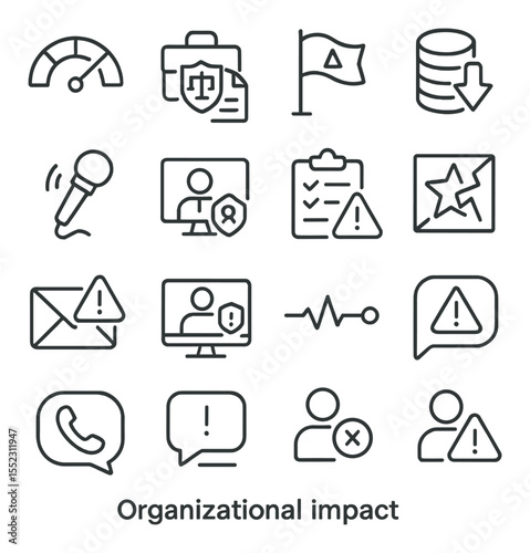 Organizational impact icons in minimalistic line art : customer trust meter dropping, legal report briefcase, compliance warning flag, financial loss coin stack, press release microphone, CEO