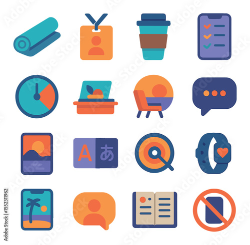 Daily nomad routines icons in modern flat vector in minimalistic vibrant color design: morning yoga mat, coffee to-go cup, coworking check-in badge, task list app screen, focus timer icon,