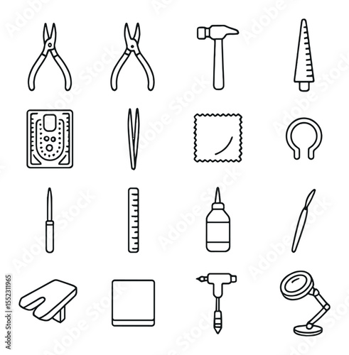 Handmade jewelry tools and materials icons in minimalistic line art : round nose pliers, wire cutters, jewelry hammer, ring mandrel, bead board, tweezers, polishing cloth, jump ring opener,