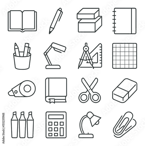 Study desk essentials icons in minimalistic line art : open notebook, ballpoint pen, sticky notes stack, spiral binder, pencil holder cup, desk lamp, ruler and compass, graph paper sheet,