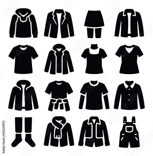 Layered look styling icons in silhouette solid black-filled shapes with clean, simple : tank under hoodie, tee under blazer, skirt over leggings, long shirt under jacket, vest over tee, hoodie