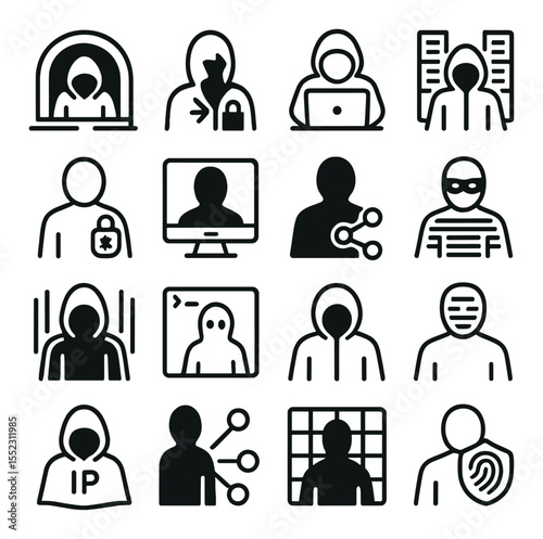 Underground net user imagery icons in minimalistic line art : figure in hidden network tunnel, avatar entering darknet, faceless hacker at console, cloaked user in server room, avatar with