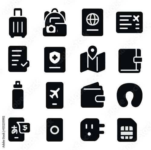 Travel essentials icons in silhouette solid black-filled shapes with clean, simple : rolling suitcase, backpack with tech, international passport, boarding pass, travel itinerary sheet, travel