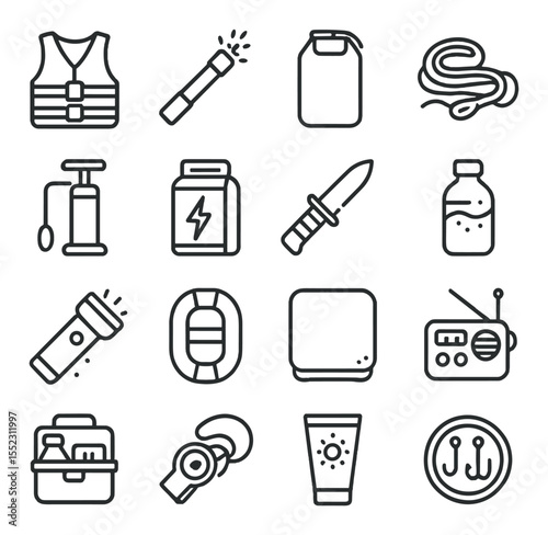 Water survival gear icons in minimalistic line art : life vest, signal flare, waterproof bag, floating rope, water purification pump, emergency ration pack, diving knife, sea dye marker,