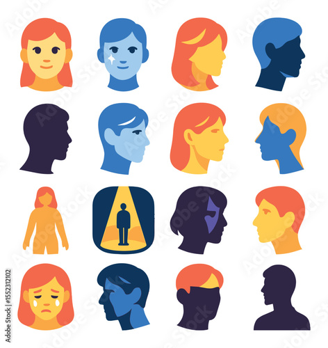 Character-focused lighting icons in modern flat vector in minimalistic vibrant color design: close-up face glow, eye light twinkle, hair light shimmer, chin shadow cut, silhouette reveal