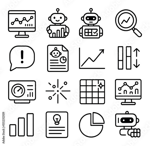 AI in data analysis icons in minimalistic line art : smart dashboard screen, chart-building bot, robotic data cleaner, trend detection lens, anomaly alert bubble, auto-generated report,