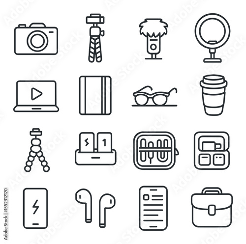 Vlogger daily essentials icons in minimalistic line art : compact camera, tripod with grip, vlogging mic, LED ring light, editing laptop, planner notebook, sunglasses on table, coffee cup with