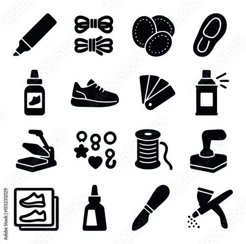 Sneaker customization tools icons in silhouette solid black-filled shapes with clean, simple : paint marker, lace swap kit, fabric patch set, sole stencil, sneaker dye bottle, 3D sneaker model,