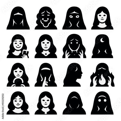 Fortune teller characters and expressions icons in silhouette solid black-filled shapes with clean, simple : mysterious seer with veil, elder mystic smile, intense gaze reader, quiet oracle,