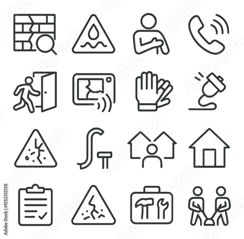 Post-earthquake safety check icons in minimalistic line art : cracked wall inspection, gas leak alert, check for injury icon, emergency call symbol, safe exit path review, damage photo